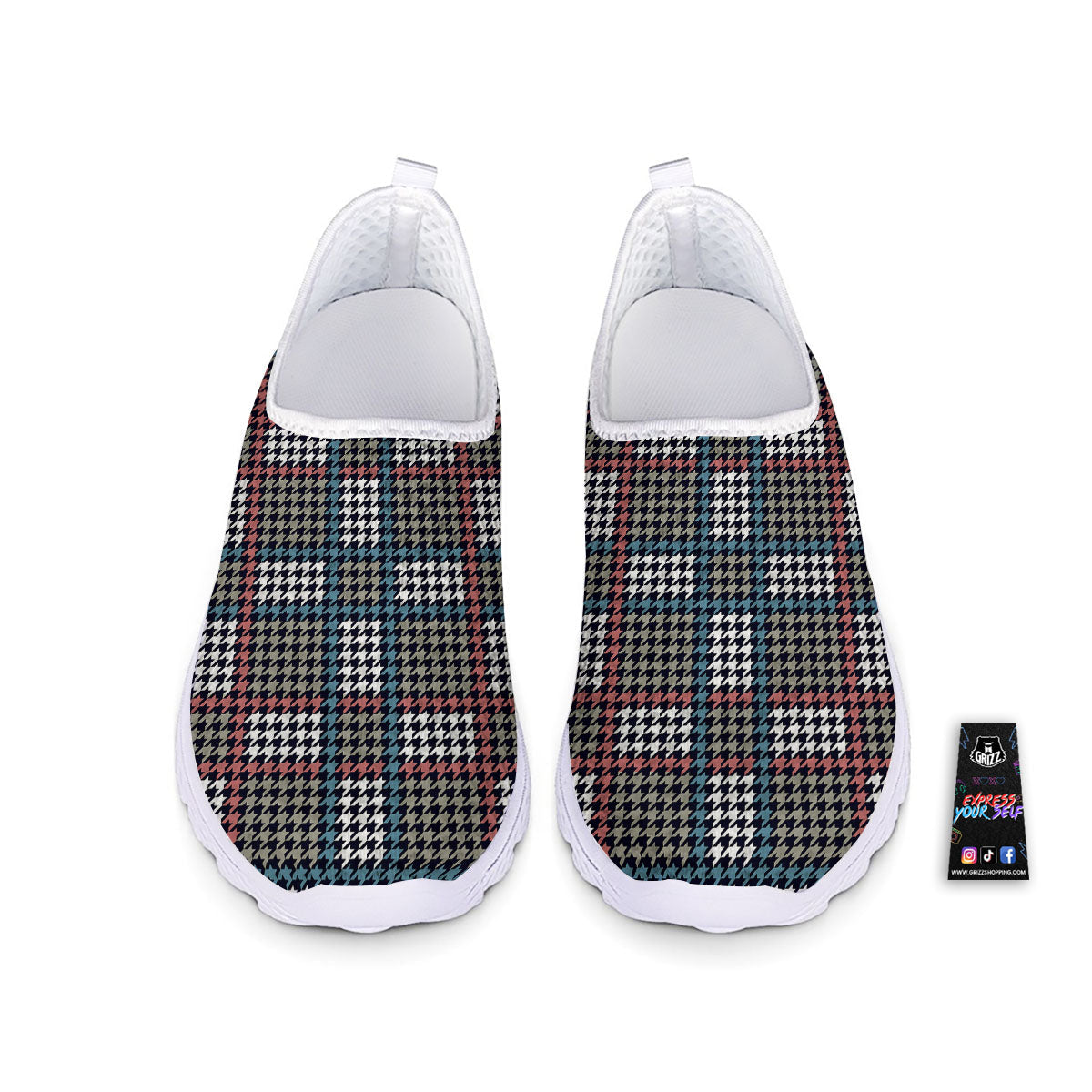 White Houndstooth And Blue Red Print Nurse Shoes-grizzshop