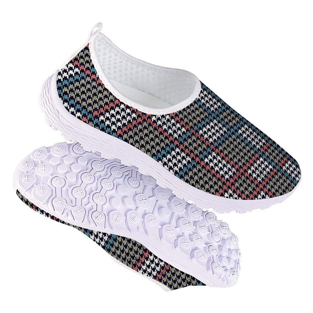 White Houndstooth And Blue Red Print Nurse Shoes-grizzshop