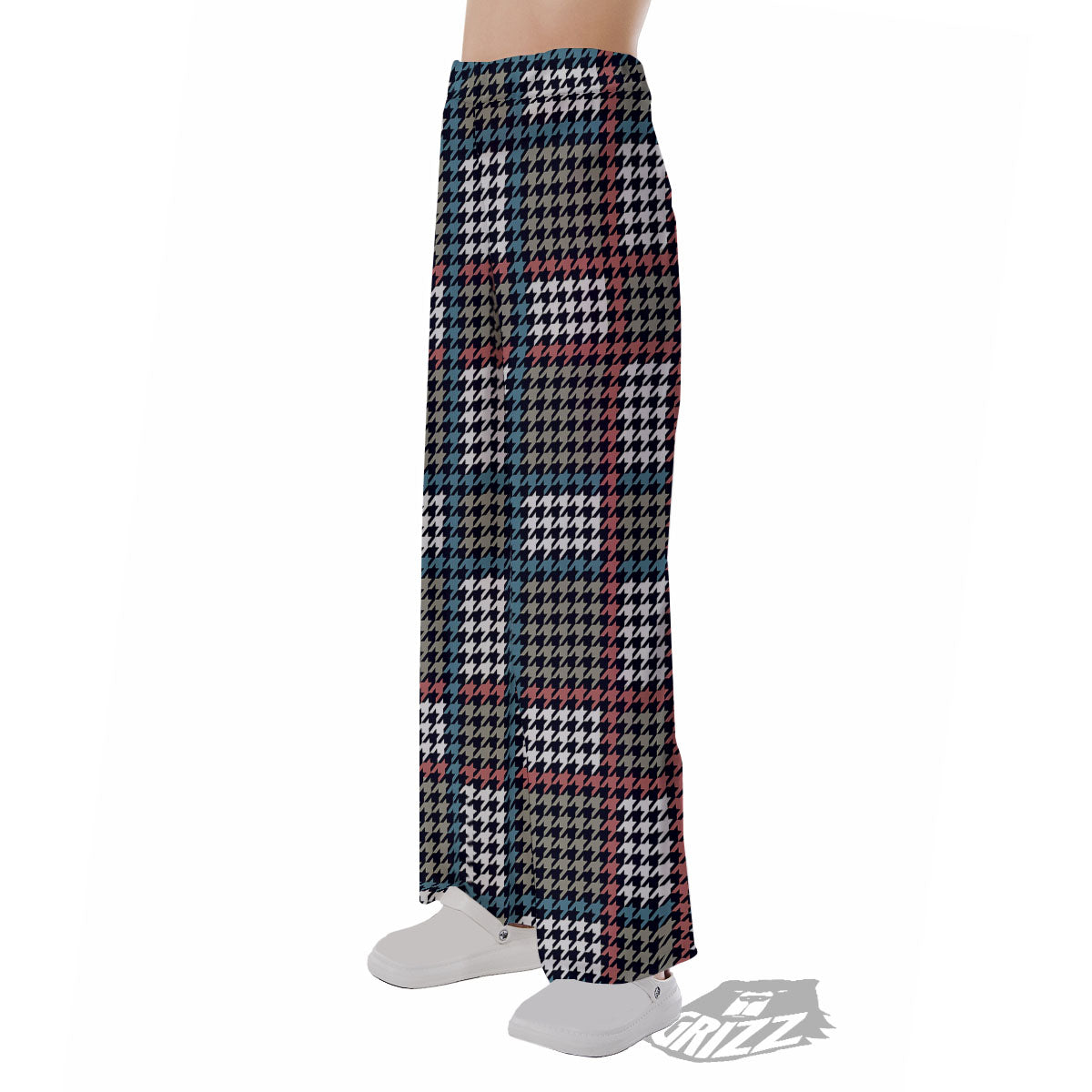 White Houndstooth And Blue Red Print Pajama Pants-grizzshop
