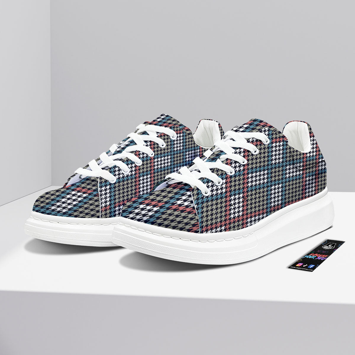 White Houndstooth And Blue Red Print Platform Shoes-grizzshop