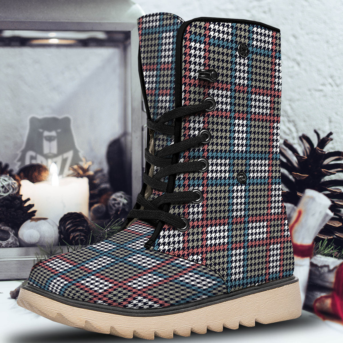 White Houndstooth And Blue Red Print Snow Boots-grizzshop