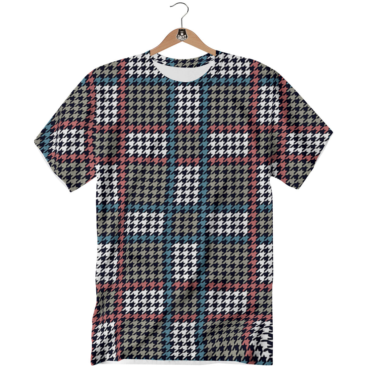 White Houndstooth And Blue Red Print T-Shirt-grizzshop