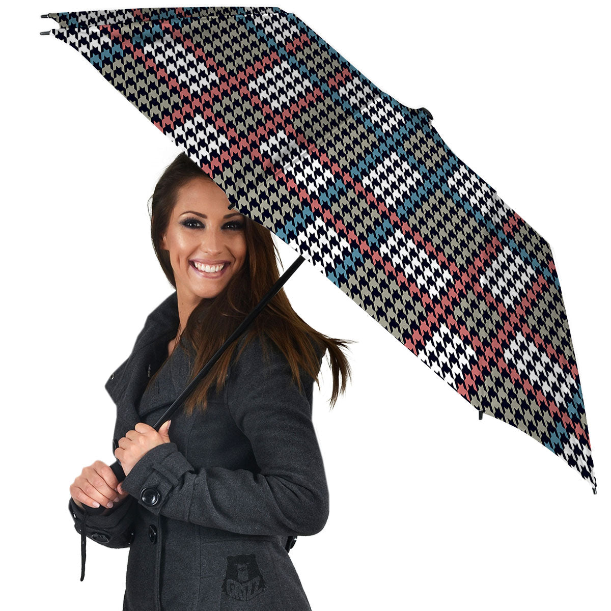 White Houndstooth And Blue Red Print Umbrella-grizzshop