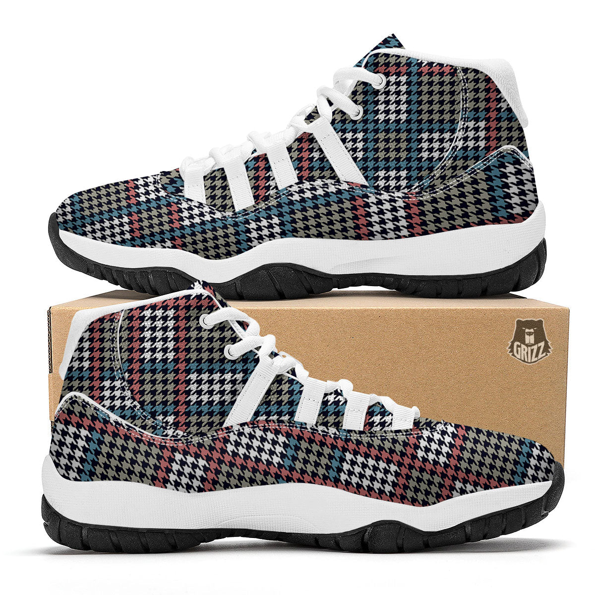 White Houndstooth And Blue Red Print White Bball Shoes-grizzshop