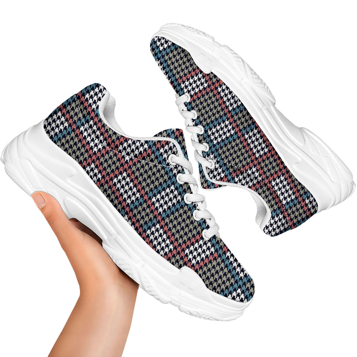 White Houndstooth And Blue Red Print White Chunky Shoes-grizzshop