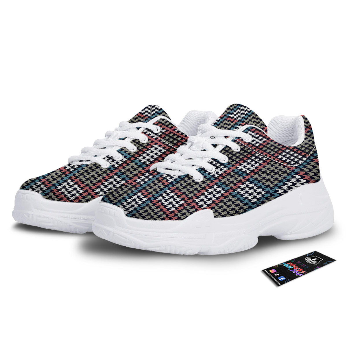 White Houndstooth And Blue Red Print White Chunky Shoes-grizzshop