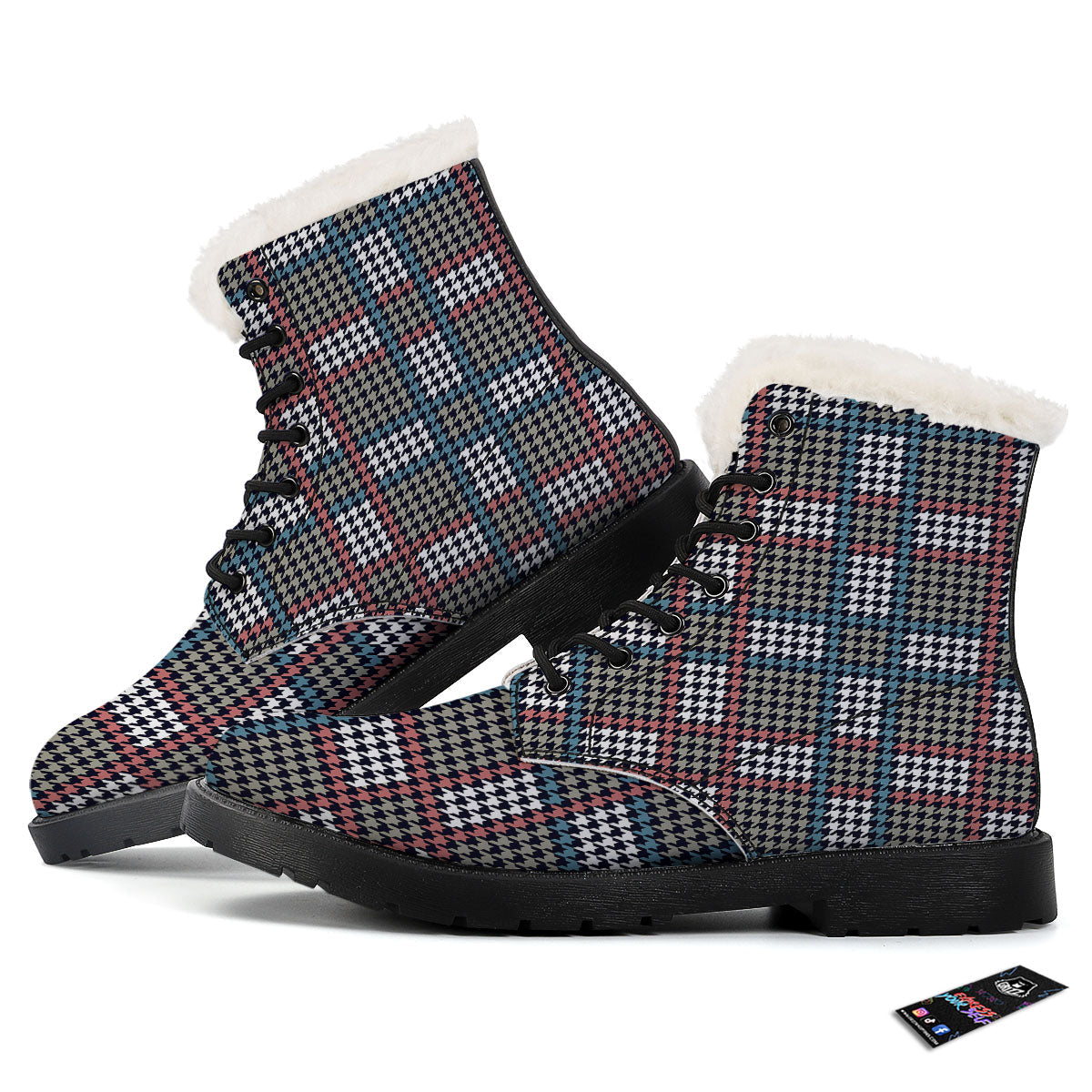 White Houndstooth And Blue Red Print Winter Boots-grizzshop