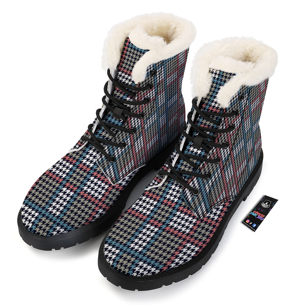 White Houndstooth And Blue Red Print Winter Boots-grizzshop