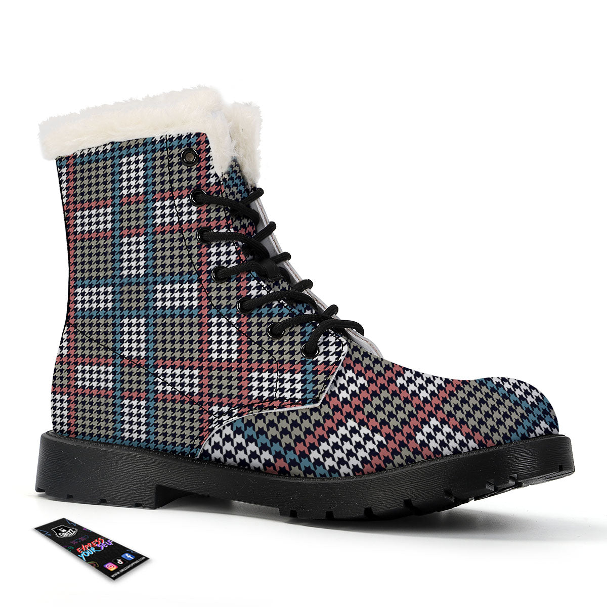 White Houndstooth And Blue Red Print Winter Boots-grizzshop