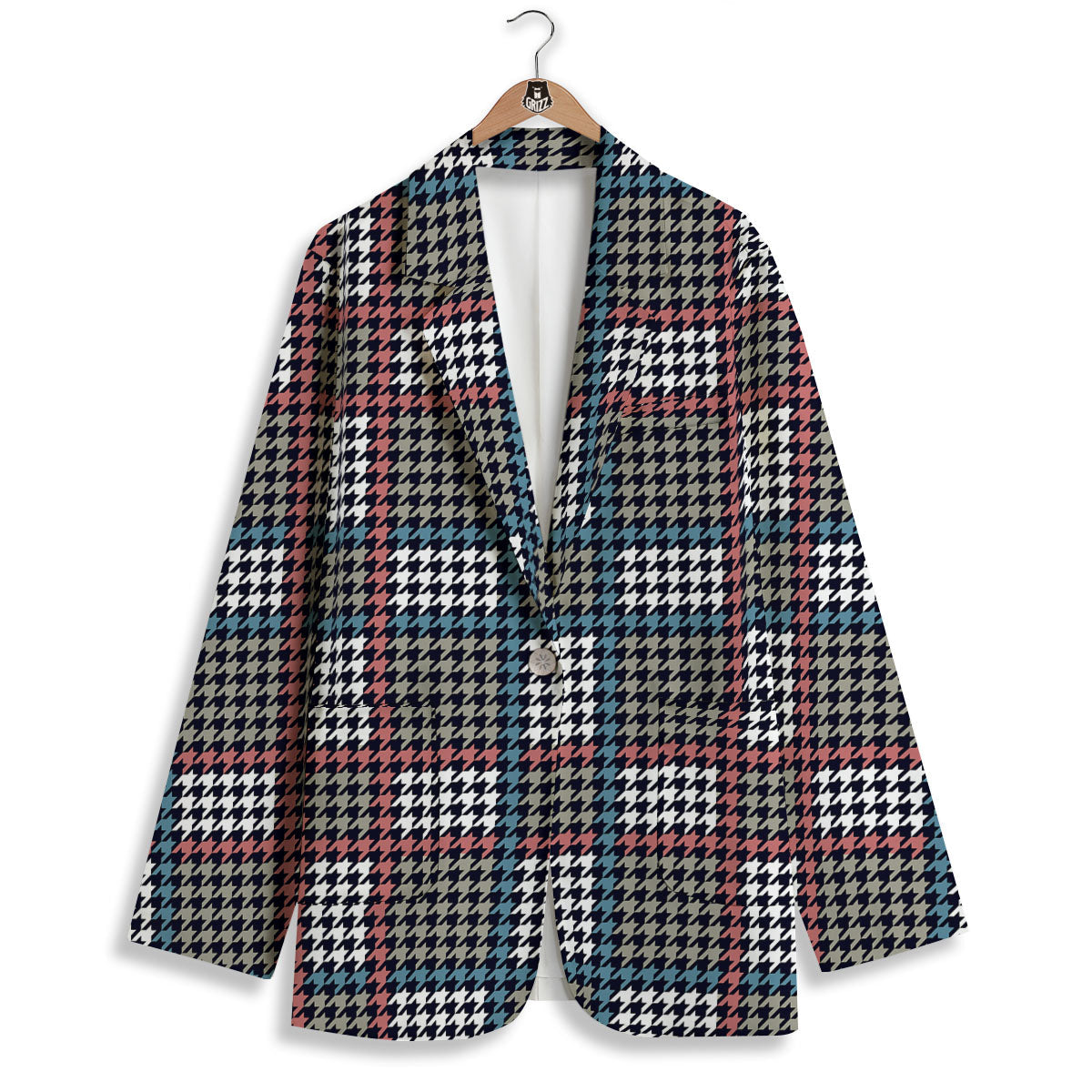 White Houndstooth And Blue Red Print Women's Blazer-grizzshop
