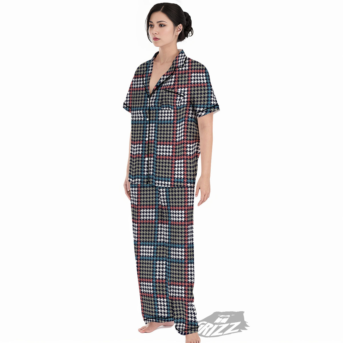 White Houndstooth And Blue Red Print Women's Pajamas Set-grizzshop