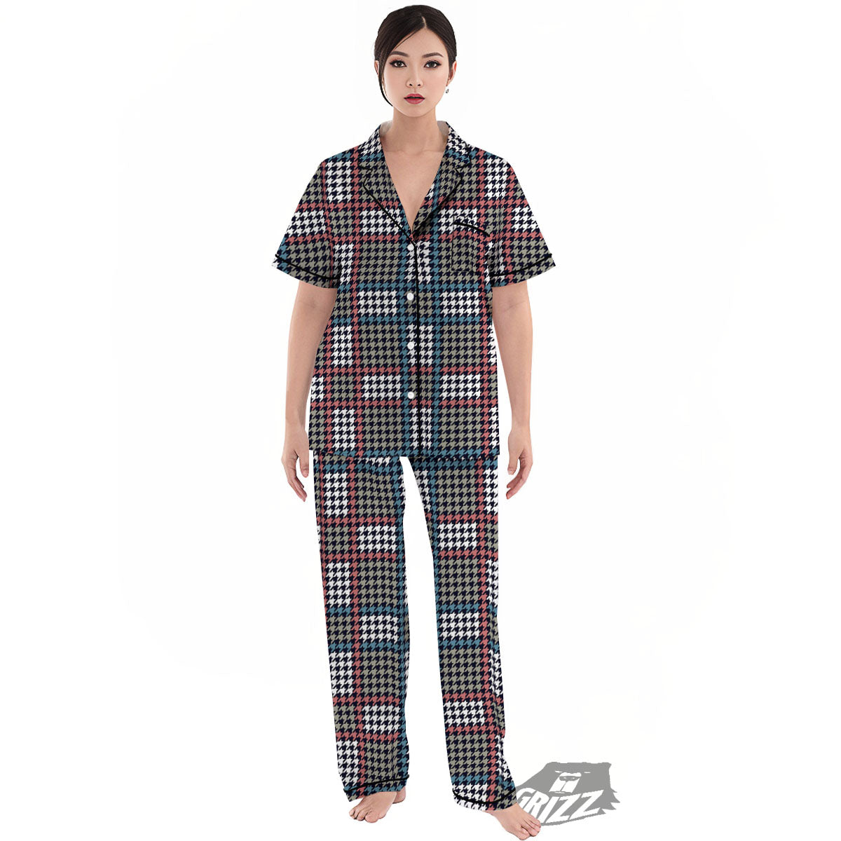 White Houndstooth And Blue Red Print Women's Pajamas Set-grizzshop