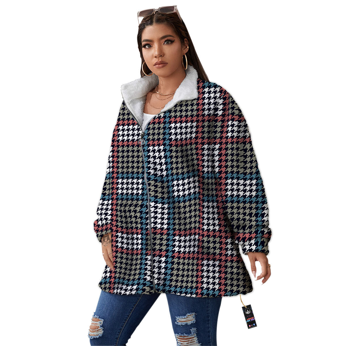 White Houndstooth And Blue Red Print Women's Sherpa Jacket-grizzshop