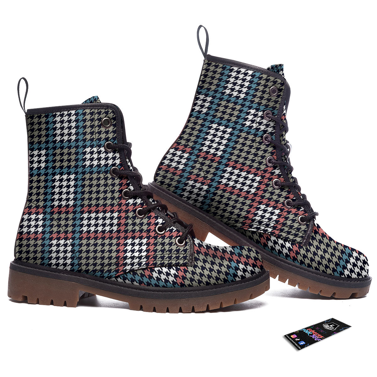White Houndstooth And Blue Red Print Work Boots-grizzshop