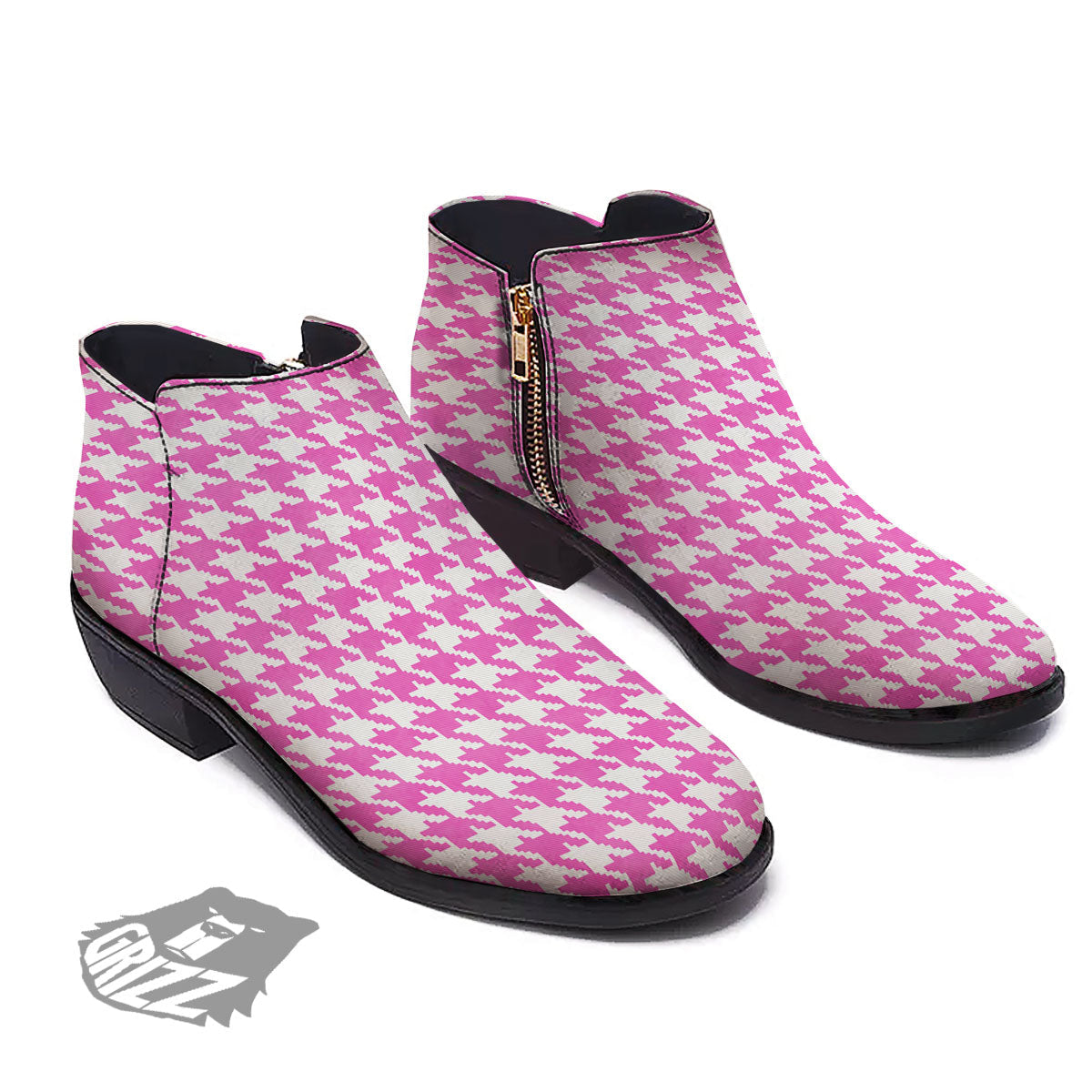 White Houndstooth And Pink Print Ankle Boots-grizzshop