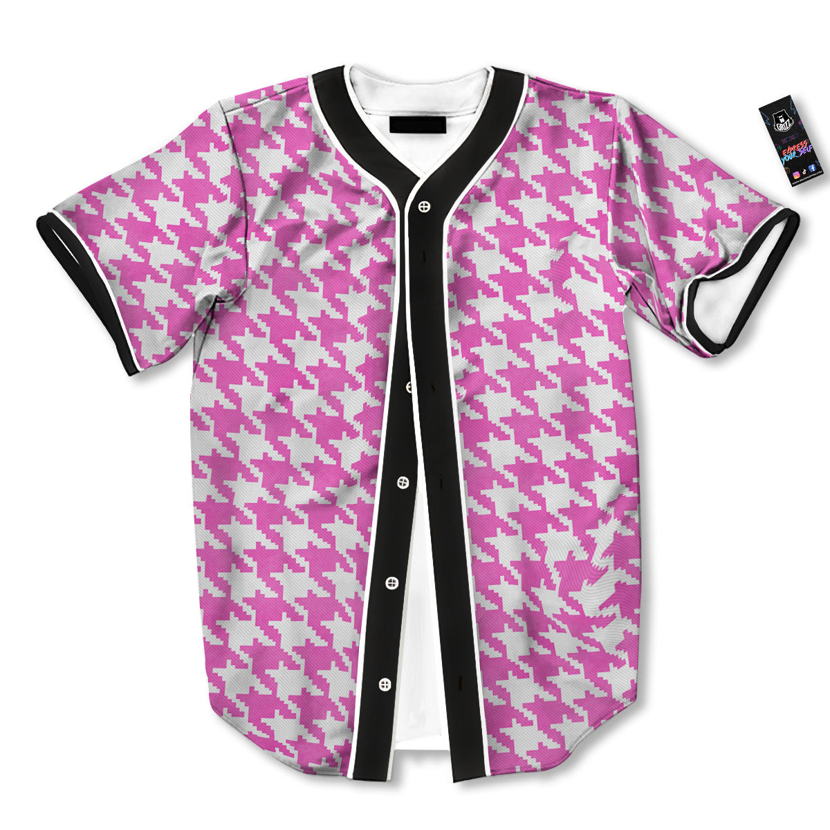 White Houndstooth And Pink Print Baseball Jersey-grizzshop
