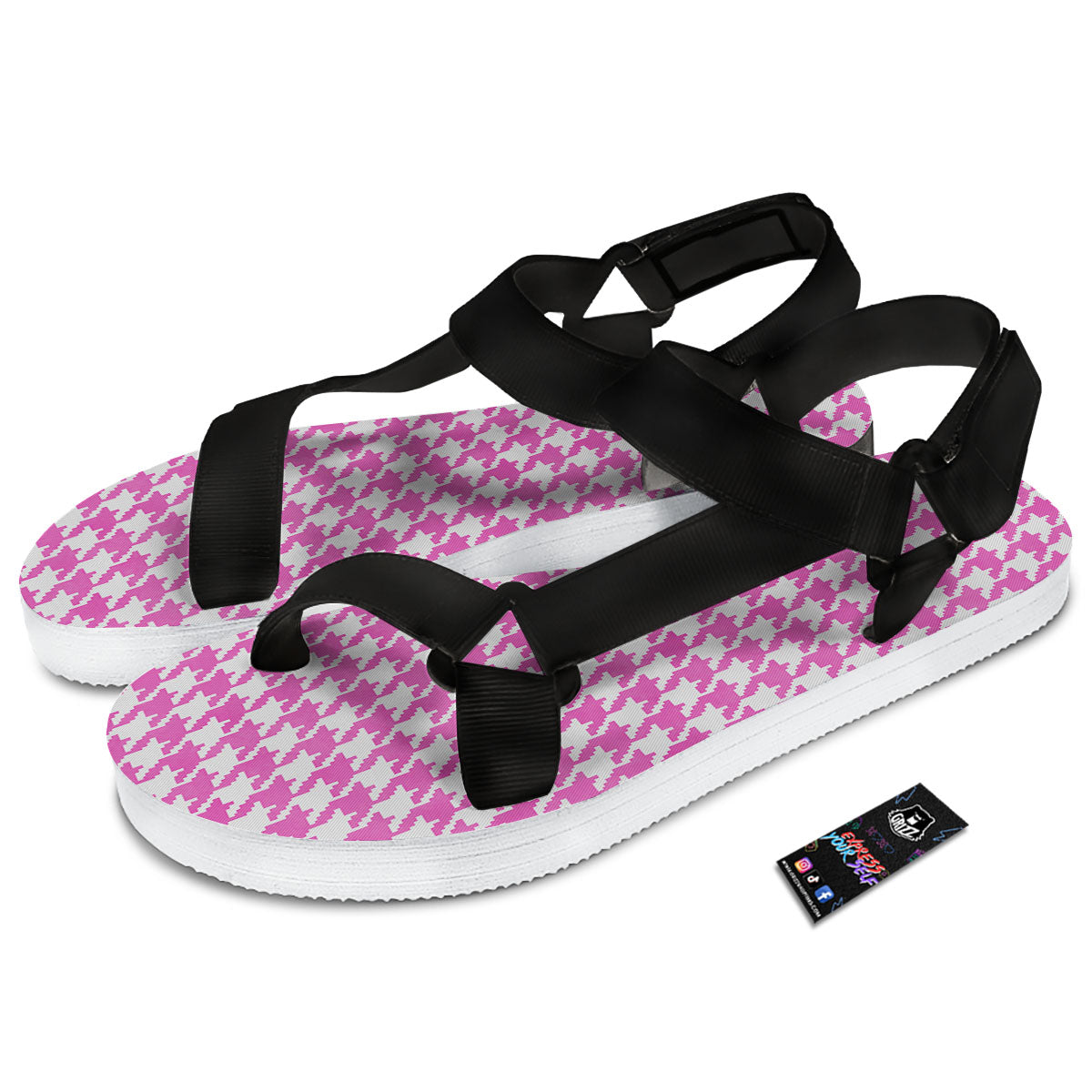 White Houndstooth And Pink Print Black Open Toe Sandals-grizzshop