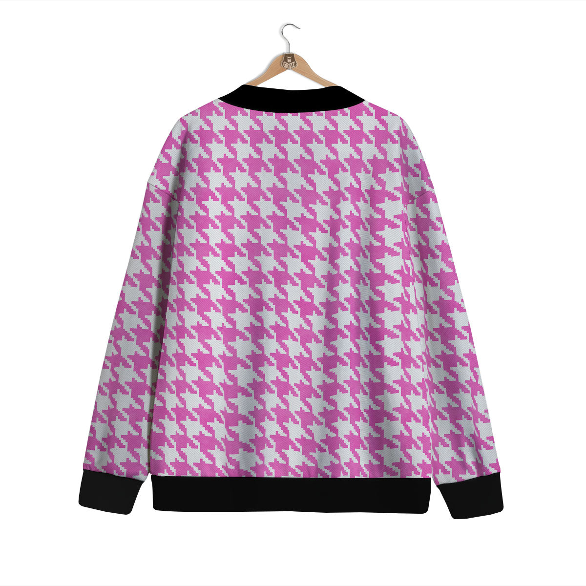 White Houndstooth And Pink Print Cardigan-grizzshop