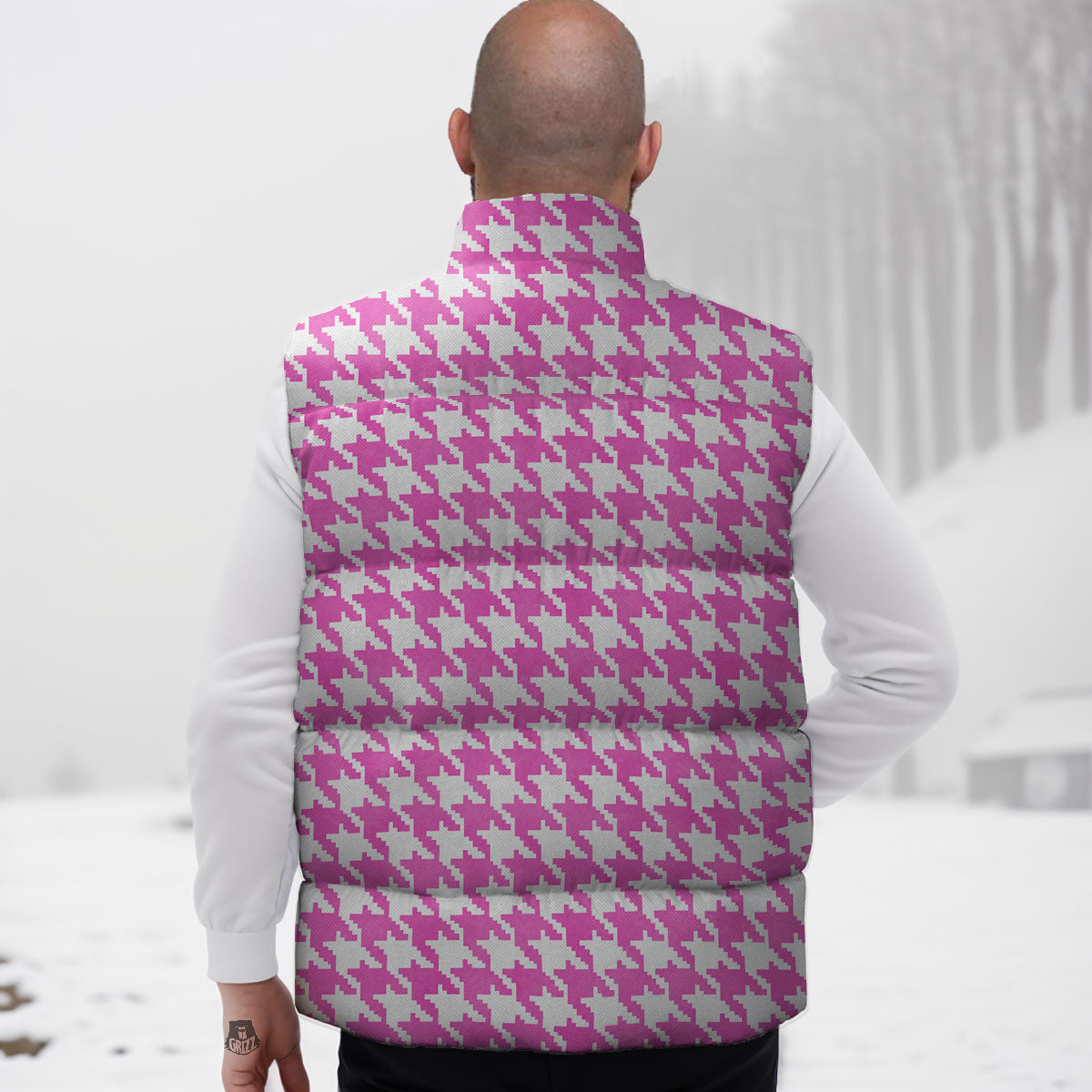 White Houndstooth And Pink Print Down Vest