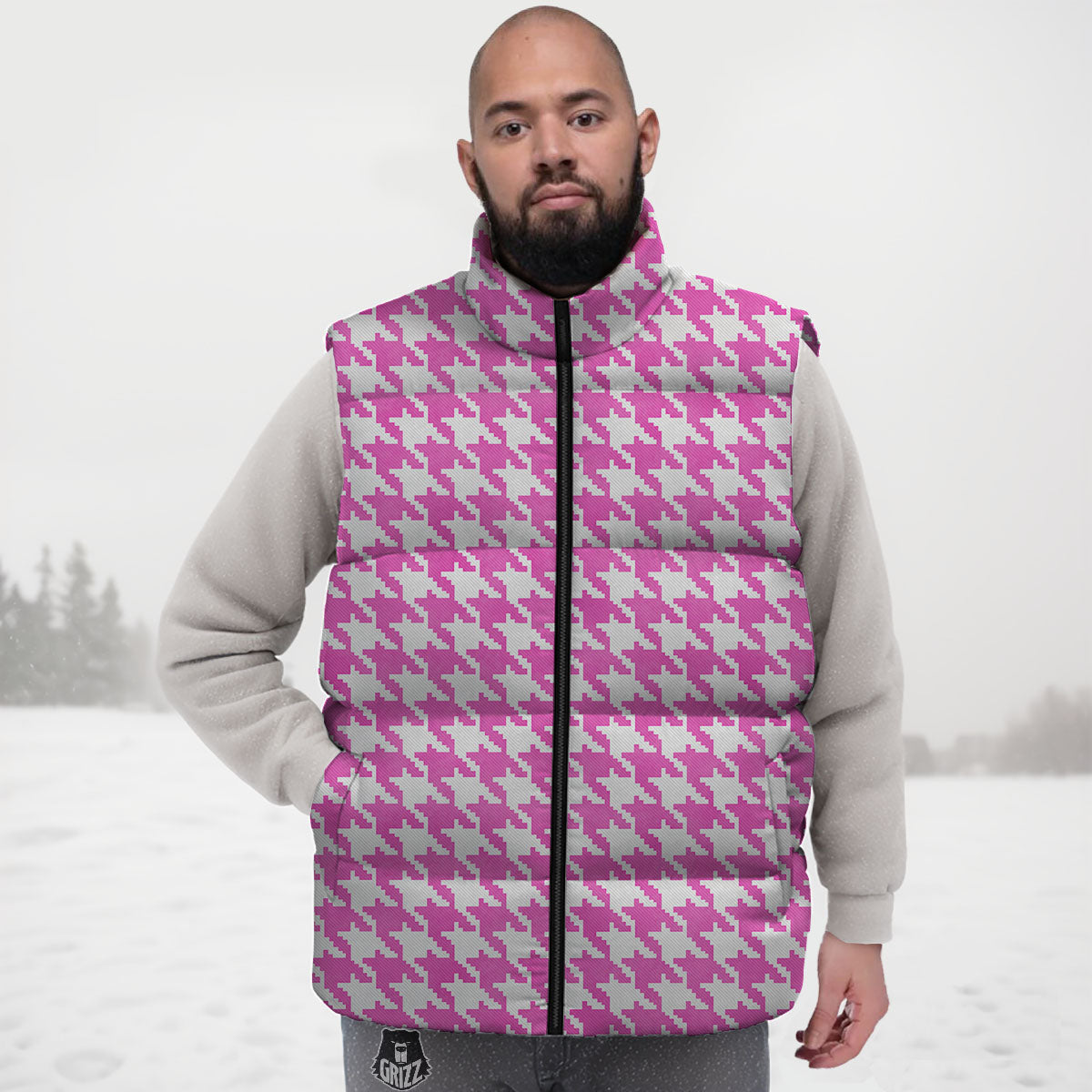 White Houndstooth And Pink Print Down Vest