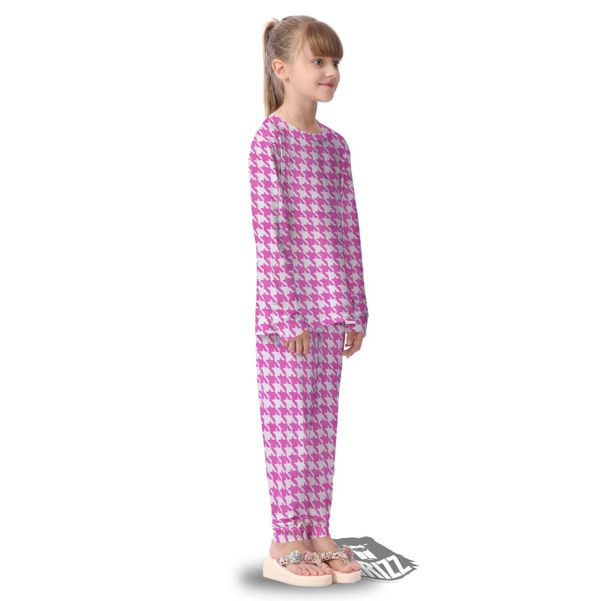 White Houndstooth And Pink Print Kid's Pajamas-grizzshop