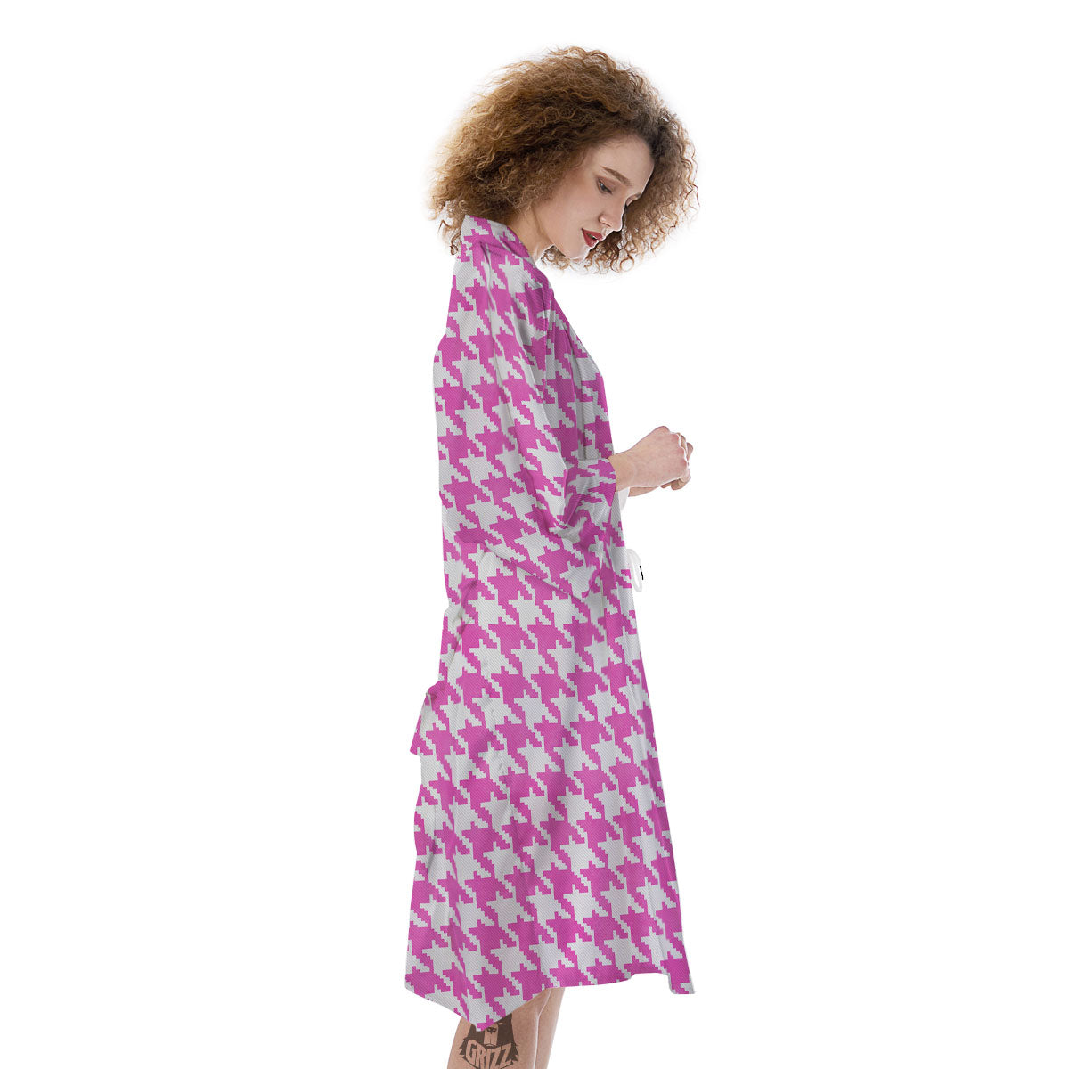 White Houndstooth And Pink Print Kimono-grizzshop