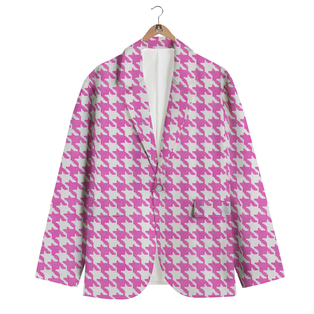 White Houndstooth And Pink Print Men's Blazer-grizzshop
