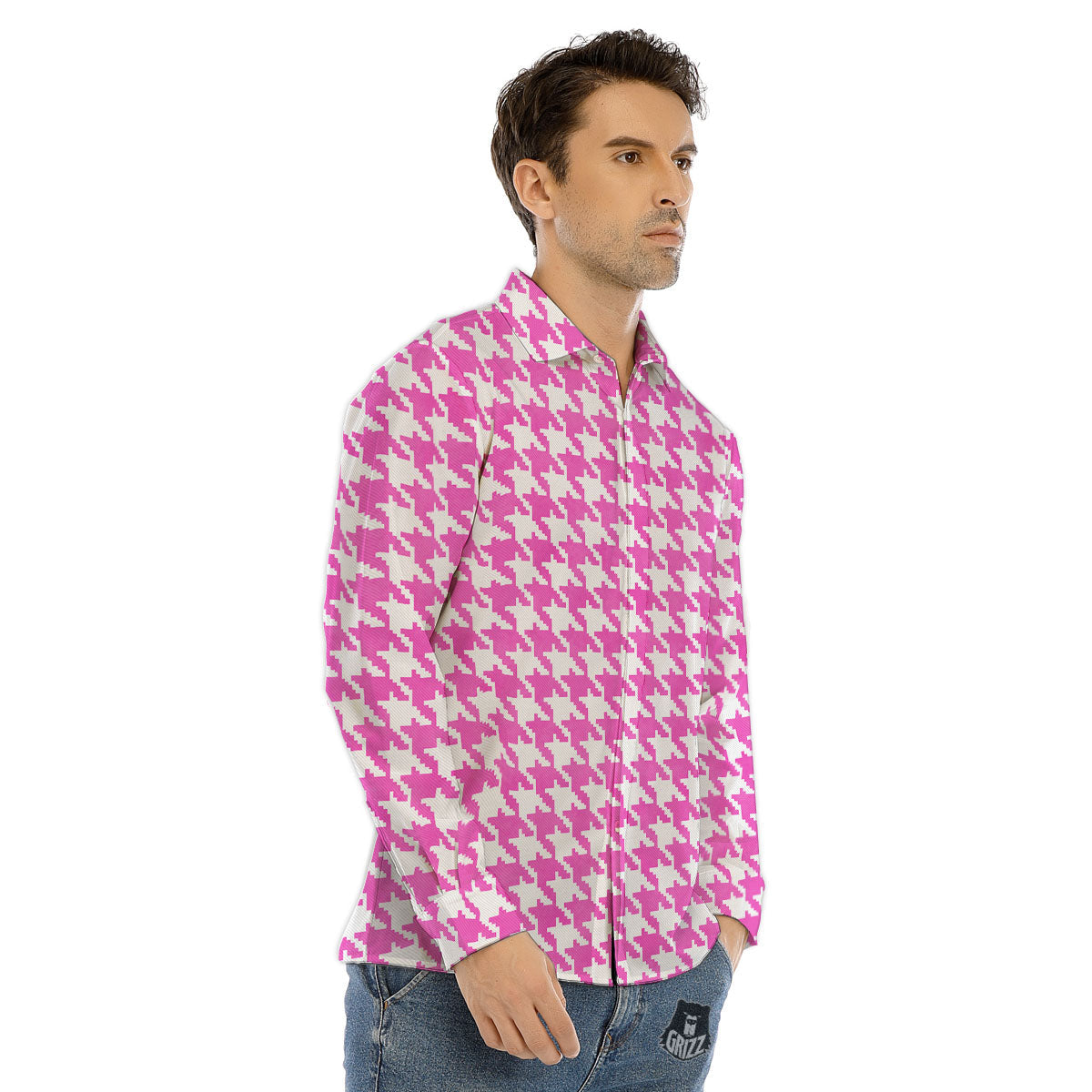 White Houndstooth And Pink Print Men's Dress Shirts-grizzshop
