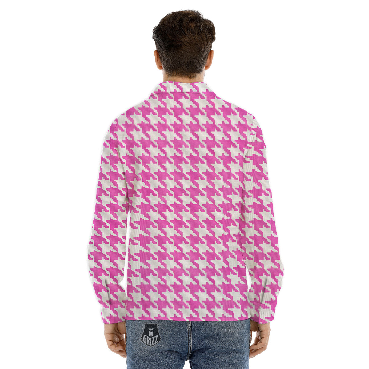 White Houndstooth And Pink Print Men's Dress Shirts-grizzshop