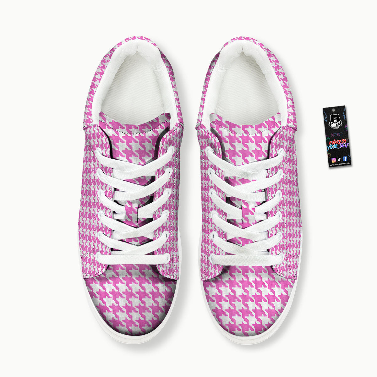 White Houndstooth And Pink Print Platform Shoes-grizzshop