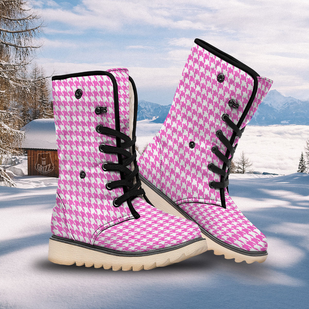 White Houndstooth And Pink Print Snow Boots-grizzshop