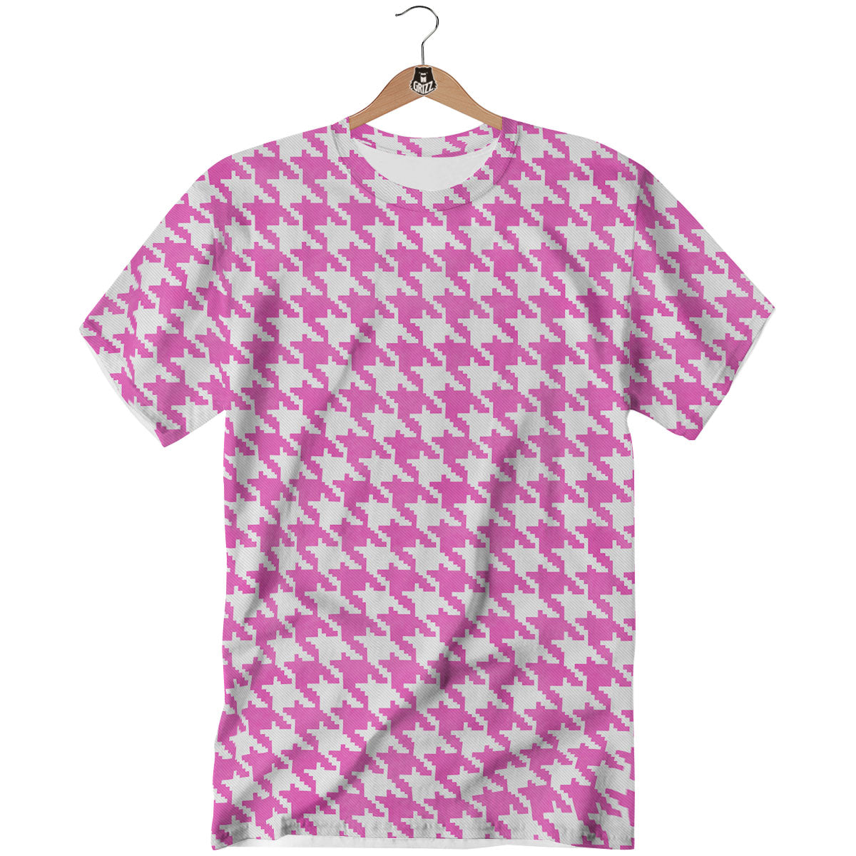 White Houndstooth And Pink Print T-Shirt-grizzshop