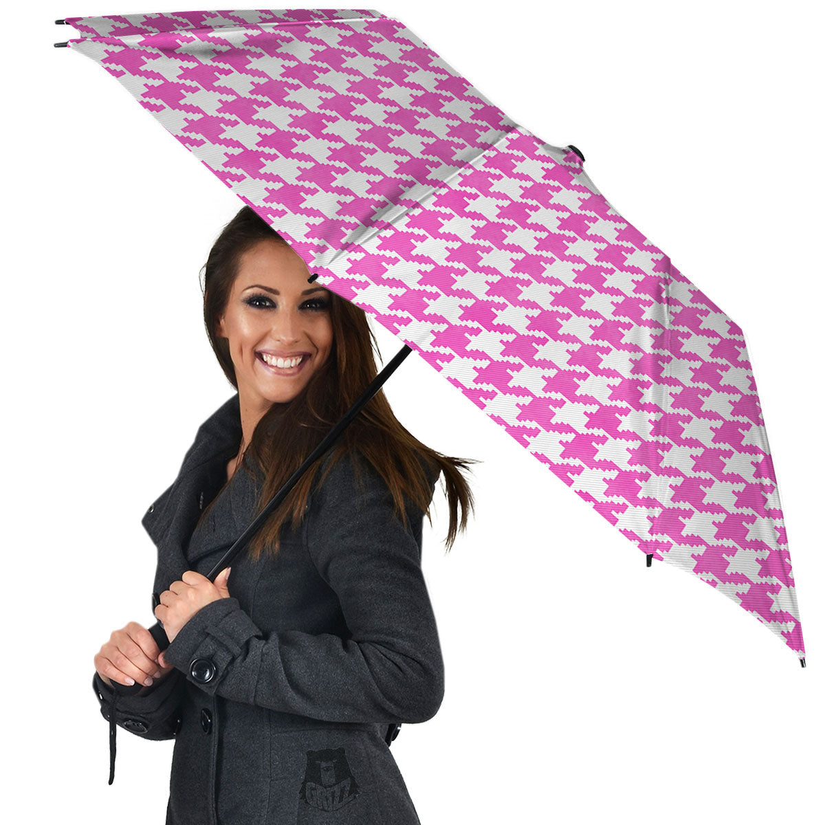 White Houndstooth And Pink Print Umbrella-grizzshop