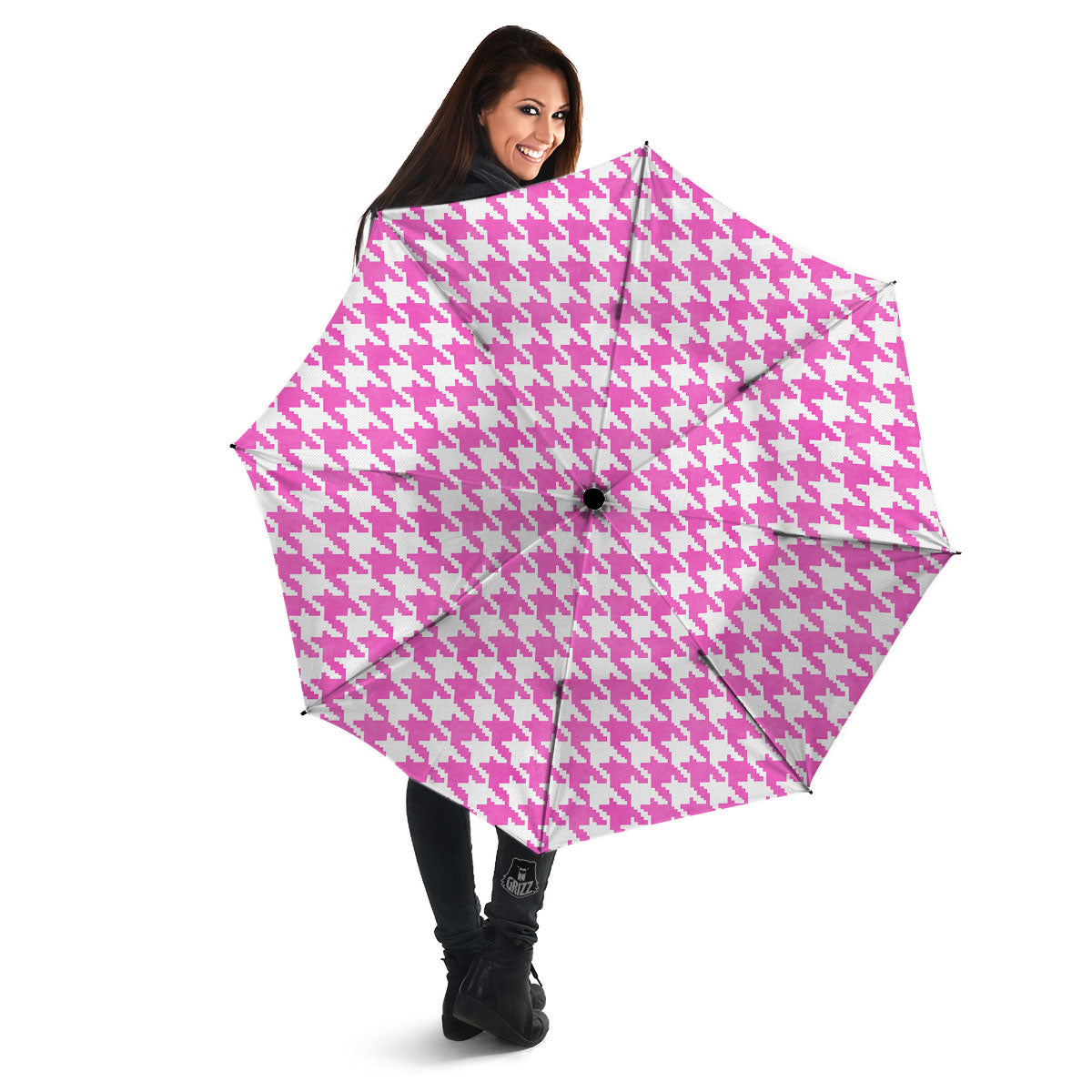 White Houndstooth And Pink Print Umbrella-grizzshop