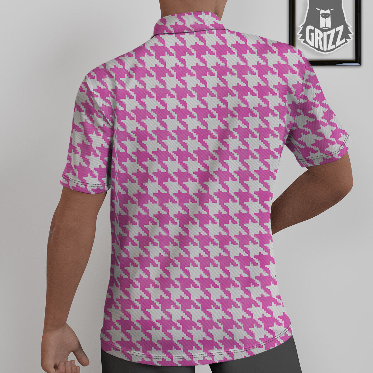 White Houndstooth And Pink Print Untucked Shirts-grizzshop