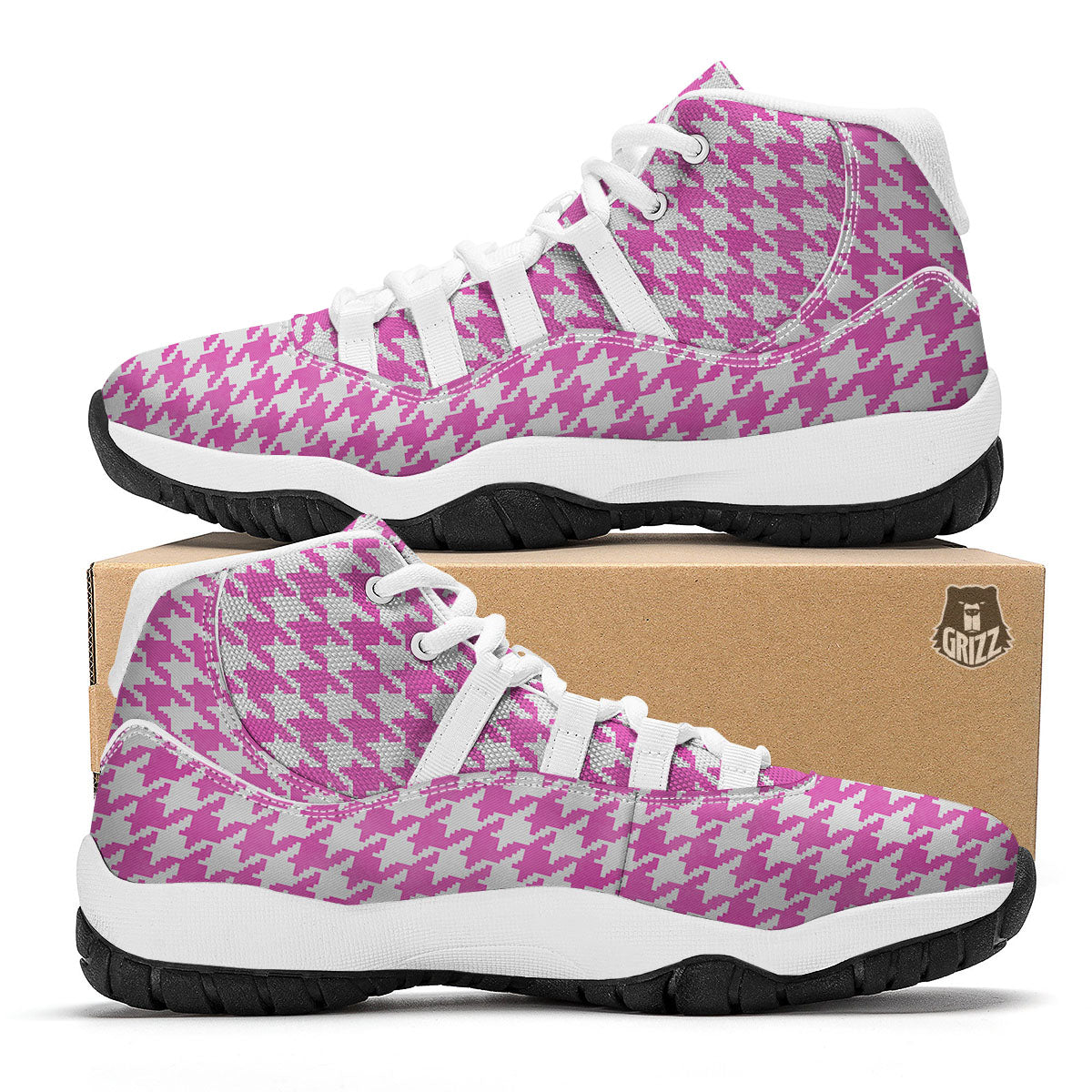 White Houndstooth And Pink Print White Bball Shoes-grizzshop