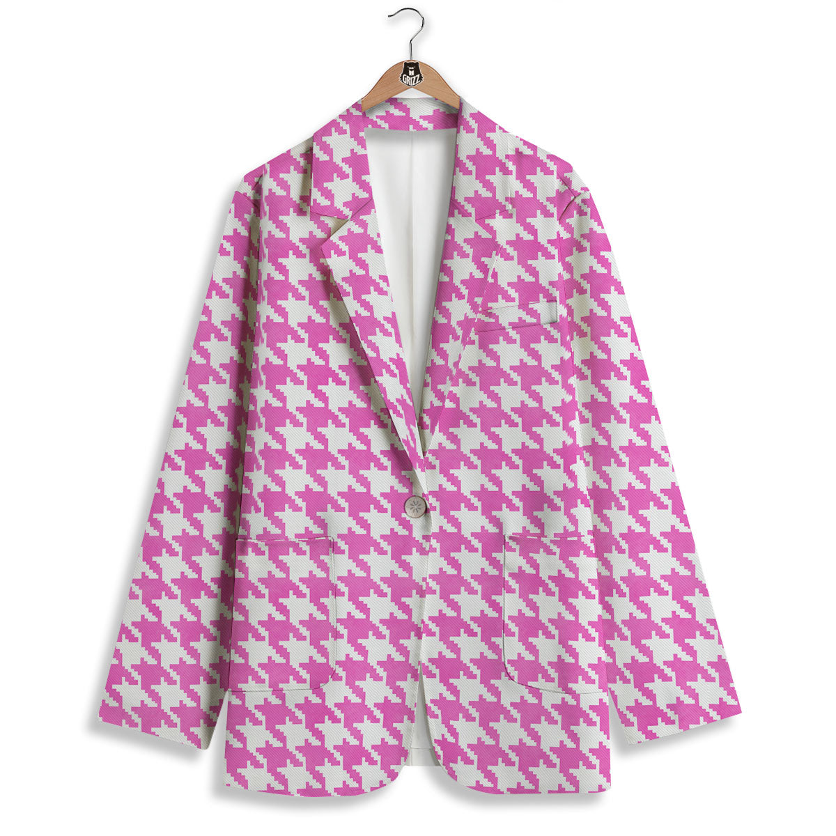 White Houndstooth And Pink Print Women's Blazer-grizzshop