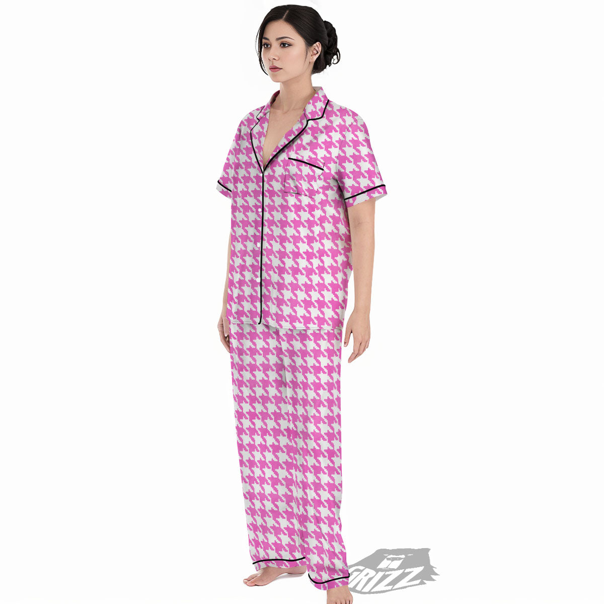 White Houndstooth And Pink Print Women's Pajamas Set-grizzshop