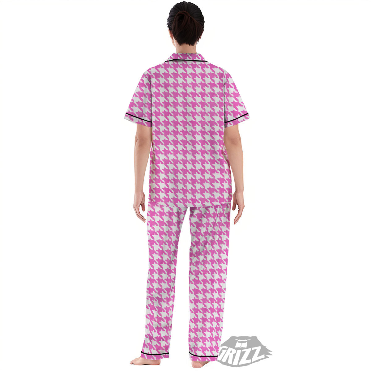 White Houndstooth And Pink Print Women's Pajamas Set-grizzshop