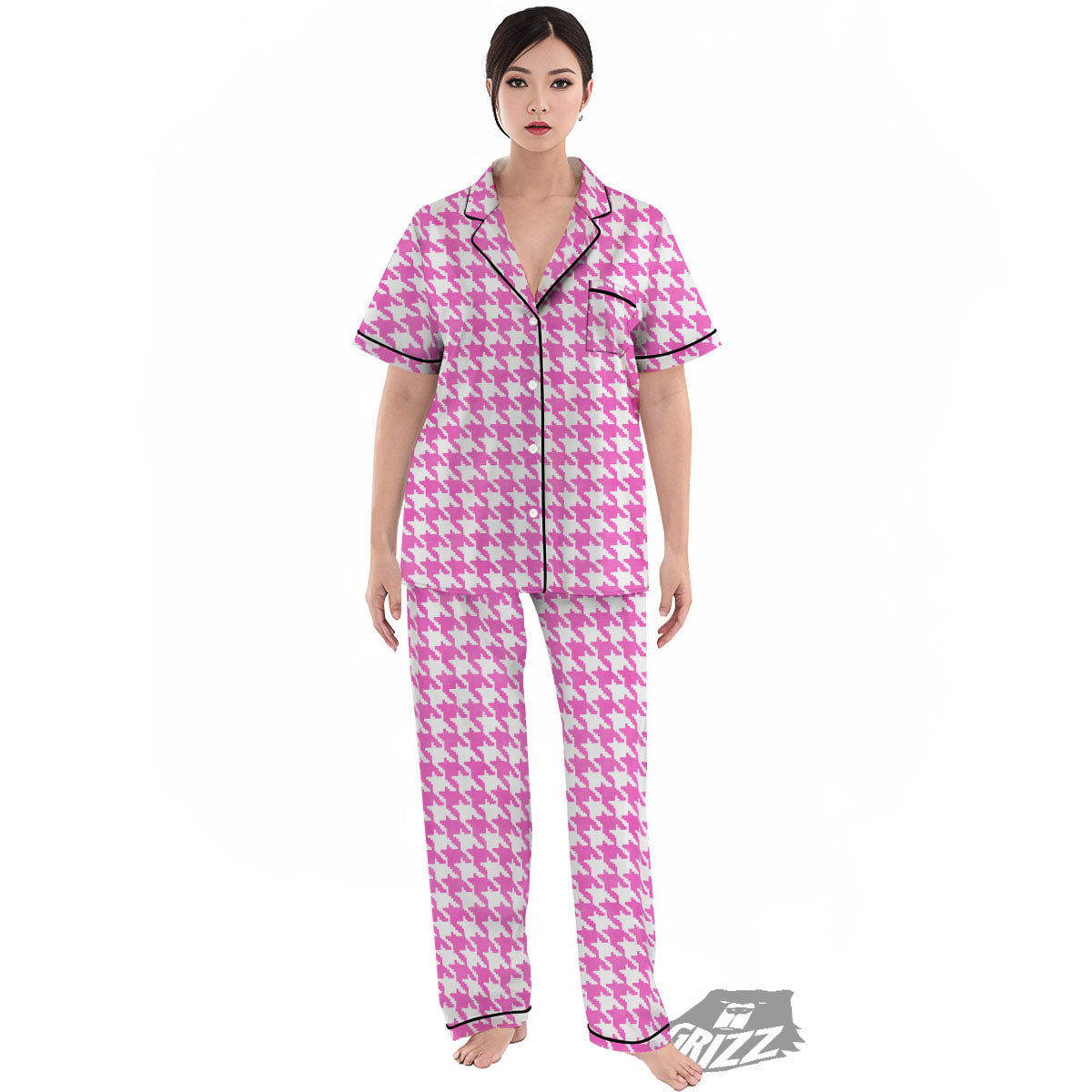 White Houndstooth And Pink Print Women's Pajamas Set-grizzshop