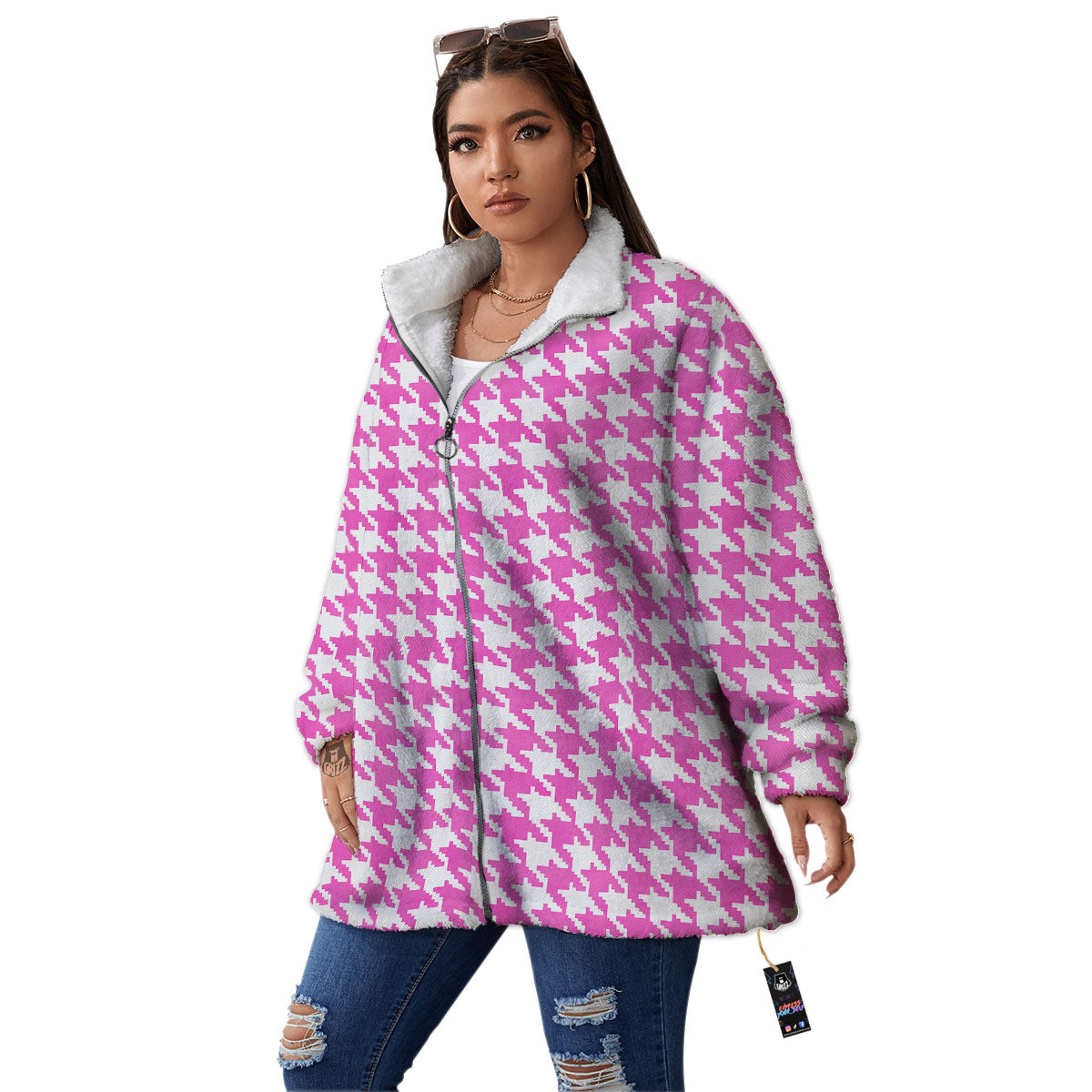 White Houndstooth And Pink Print Women's Sherpa Jacket-grizzshop