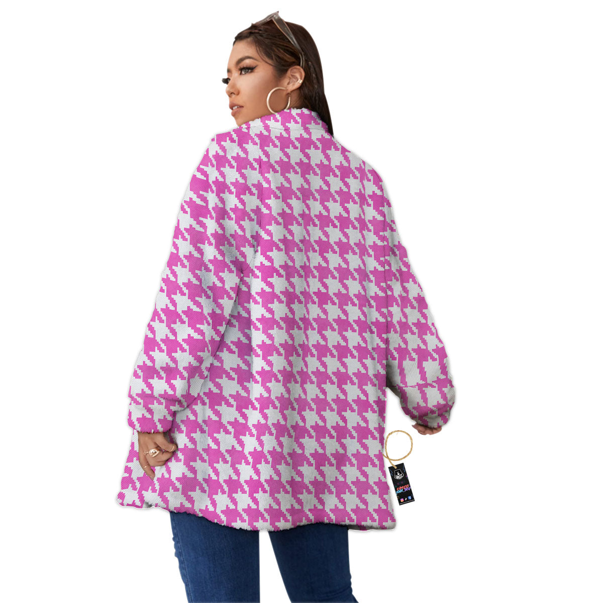 White Houndstooth And Pink Print Women's Sherpa Jacket-grizzshop