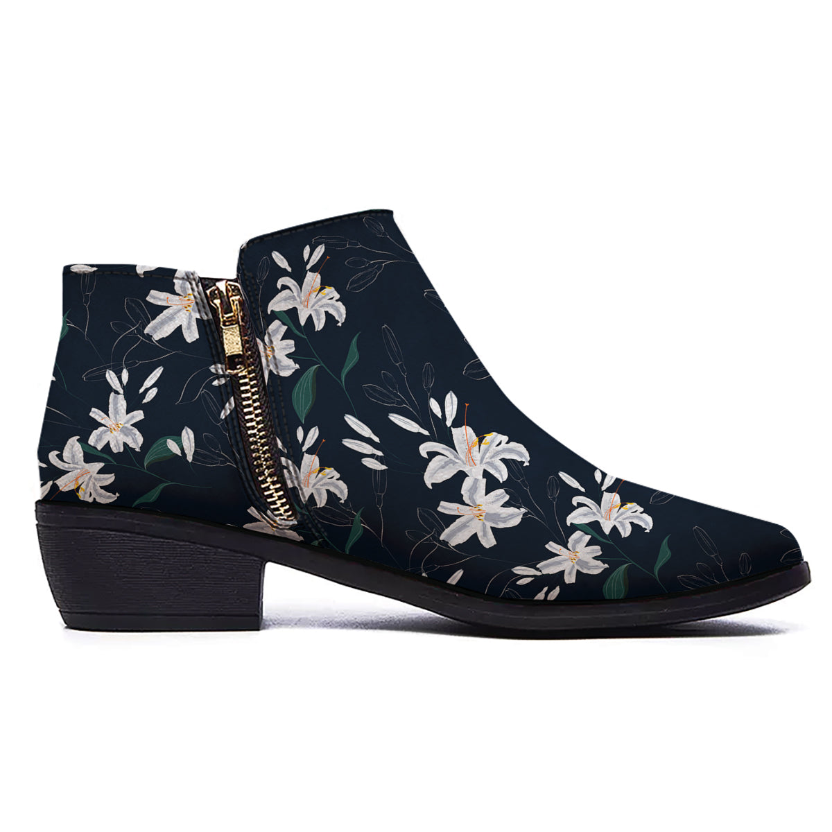 White Lily Black Print Pattern Ankle Boots-grizzshop