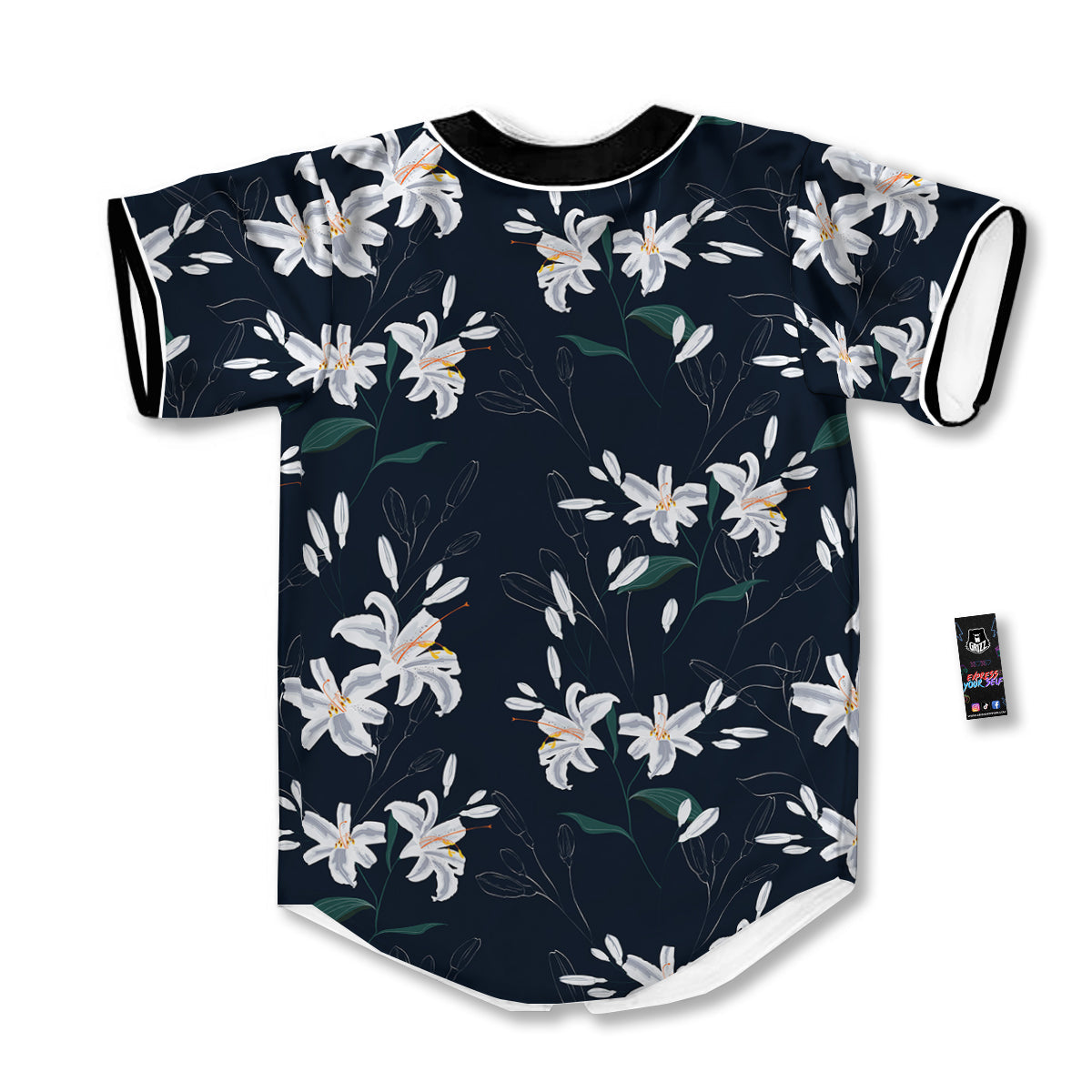 White Lily Black Print Pattern Baseball Jersey-grizzshop