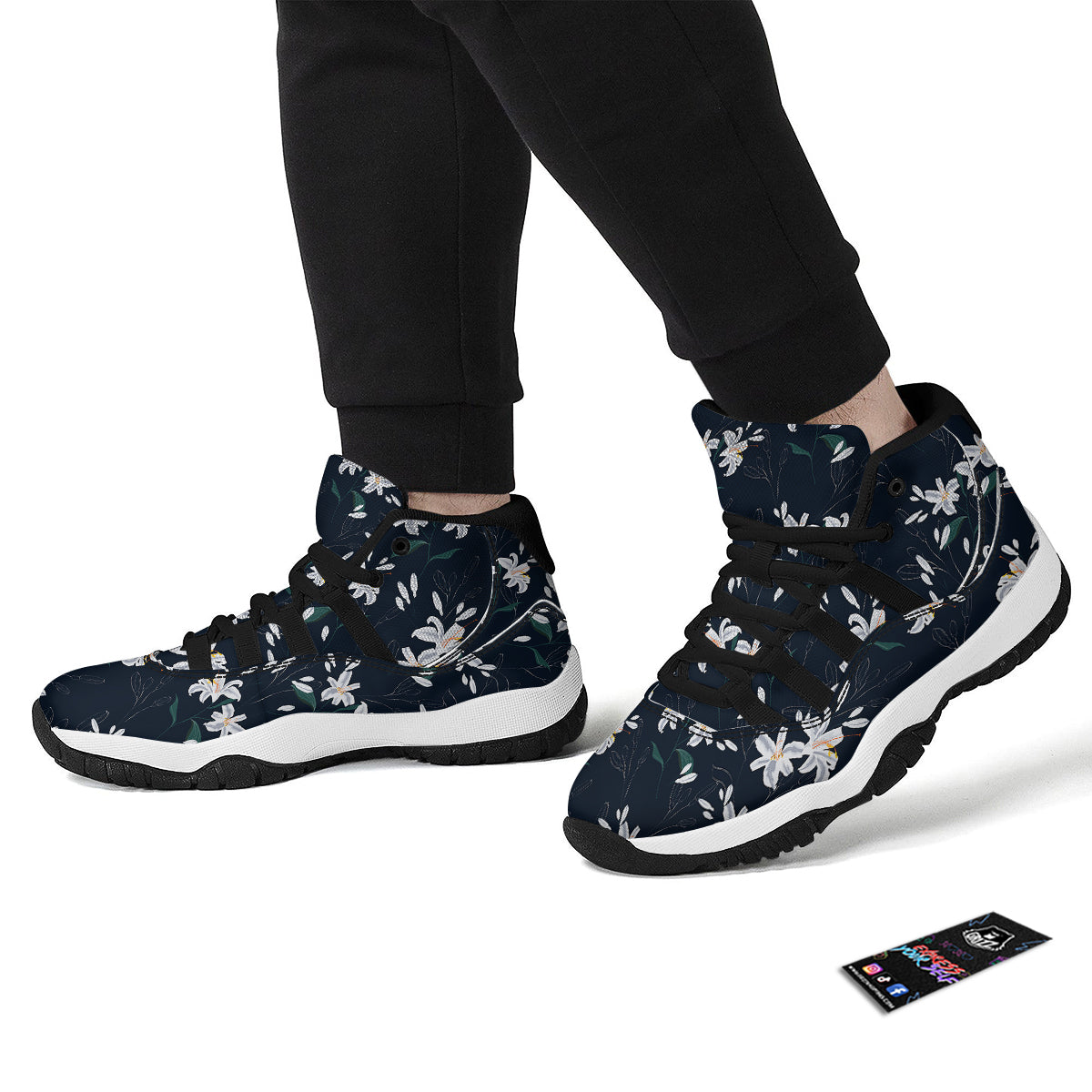 White Lily Black Print Pattern Black Bball Shoes-grizzshop