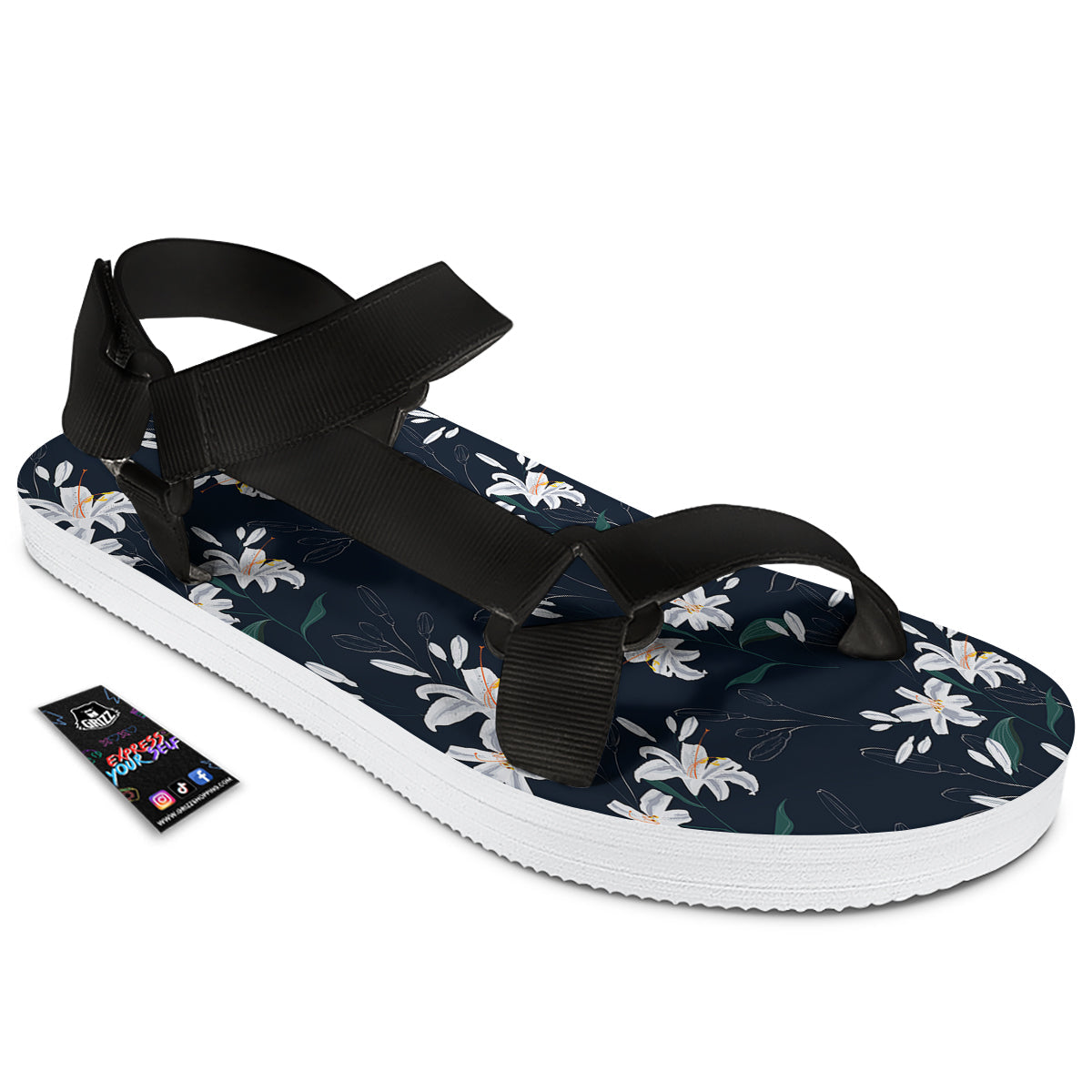 White Lily Black Print Pattern Black Open Toe Sandals-grizzshop