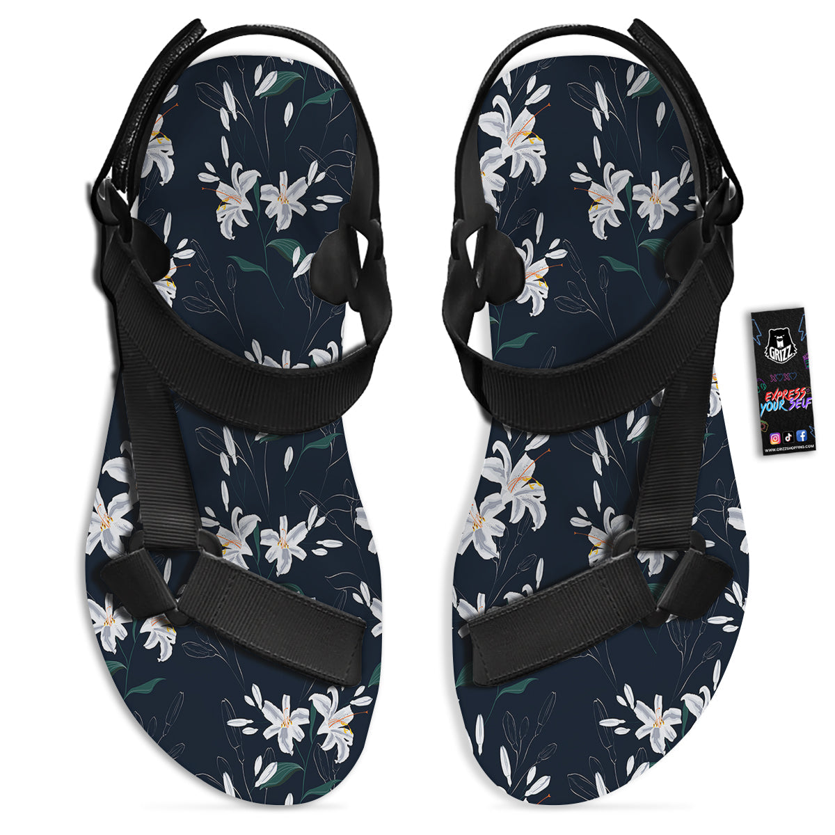 White Lily Black Print Pattern Black Open Toe Sandals-grizzshop