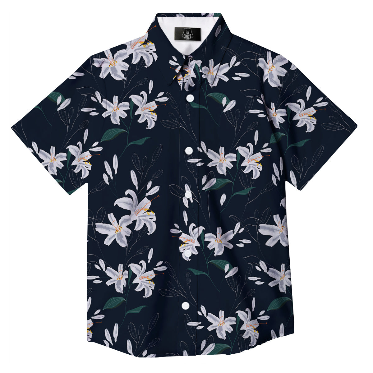 White Lily Black Print Pattern Button Up Shirt-grizzshop