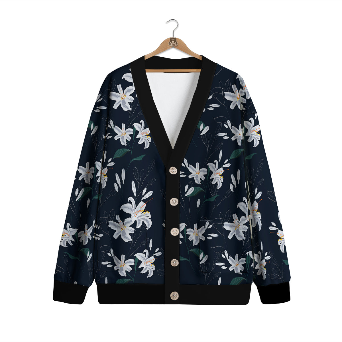 White Lily Black Print Pattern Cardigan-grizzshop