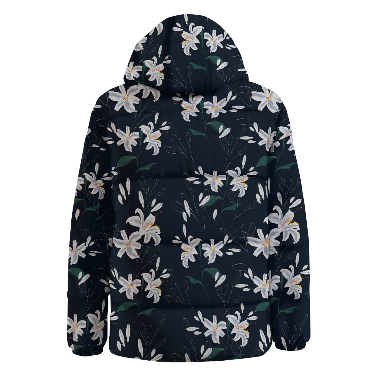 White Lily Black Print Pattern Down Jacket-grizzshop